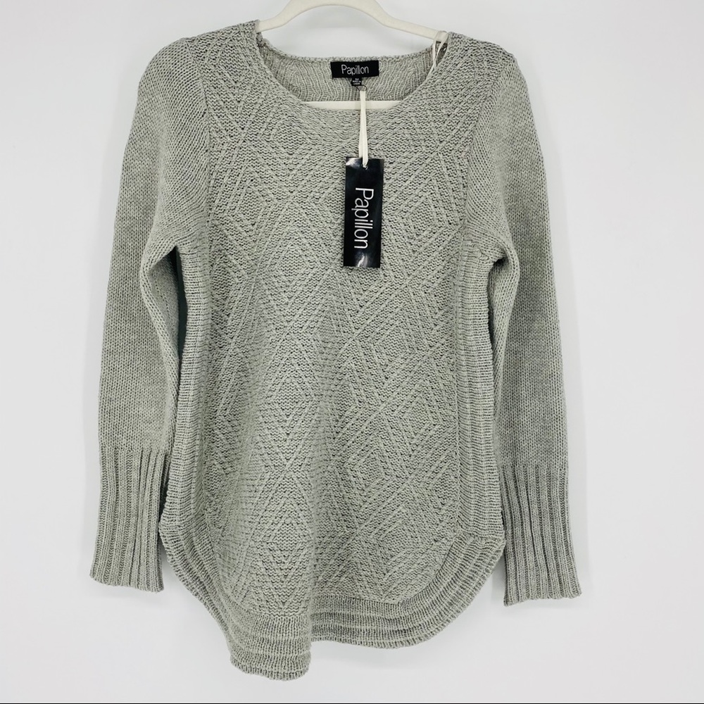 NEW Papillon Crochet Rounded Hem Cozy Knit Sweater Grey M - Picture 3 of 7